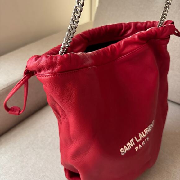 Saint Laurent Teddy Red Leather Bucket Bag NEW Silver YSL Logo Shoulder Bag - Picture 3 of 9